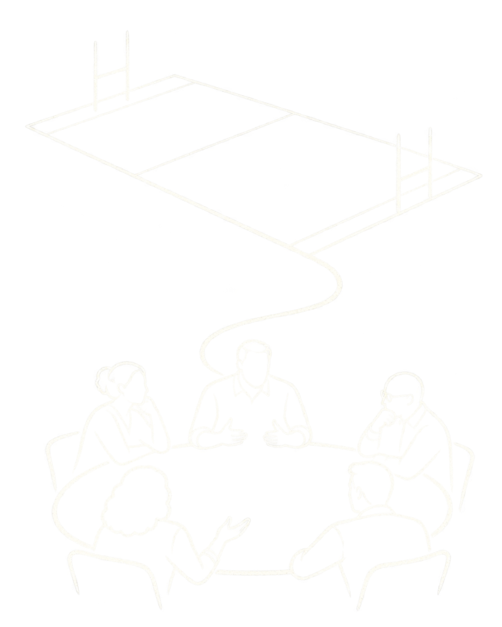 A chalk line connects a rugby pitch to people gathered around a boardroom table